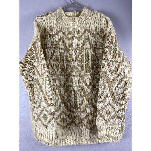 Vtg Jones NY Sz L 100% Hand-knitted Wool Fair Isle Geometric White Tan Sweater - Picture 1 of 9